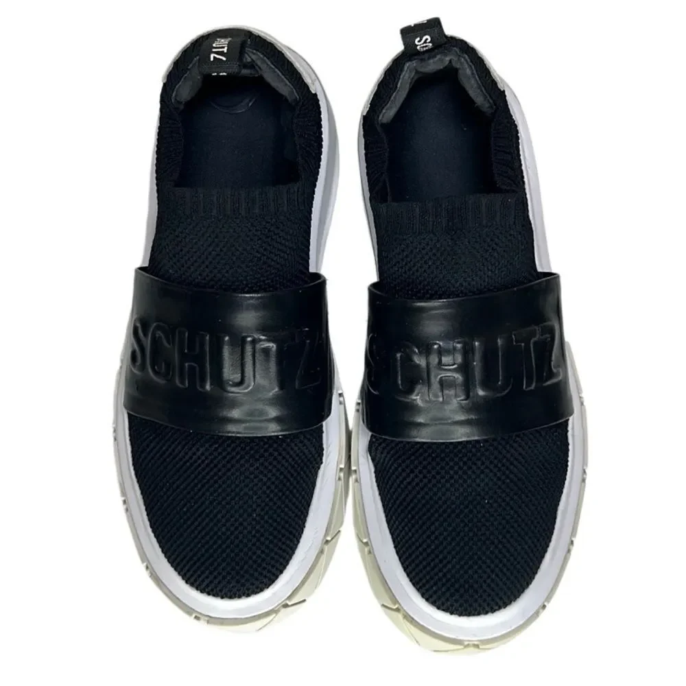 Schutz - Tennis Platform Shoes w/ Logo Strap, Knit, Slip On - Size 7.5, Black - Picture 5 of 16